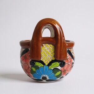 Talavera Pottery Handle Basket Planter Pot Mexican Folk Art Handmade 7.5"H x 8"W